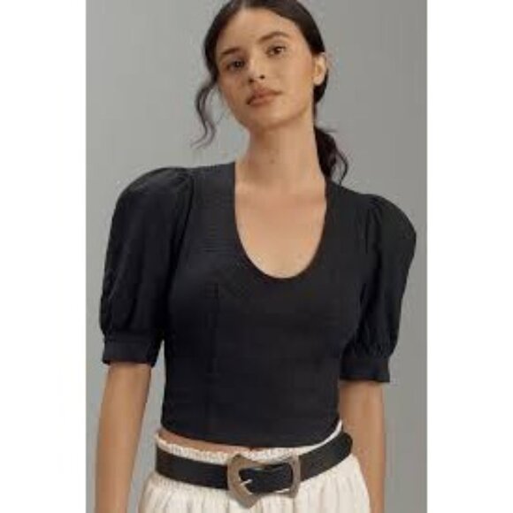Anthropologie Tops - Anthropologie Black Puff Sleeve Scoop Neck‎ & Ruche Detail Sz XXS Linen Top